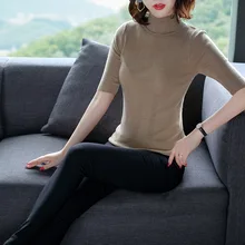 Solid turtleneck elastic knit basic sweater shirts 2018 new half sleeve women autumn slim pullovers sweater