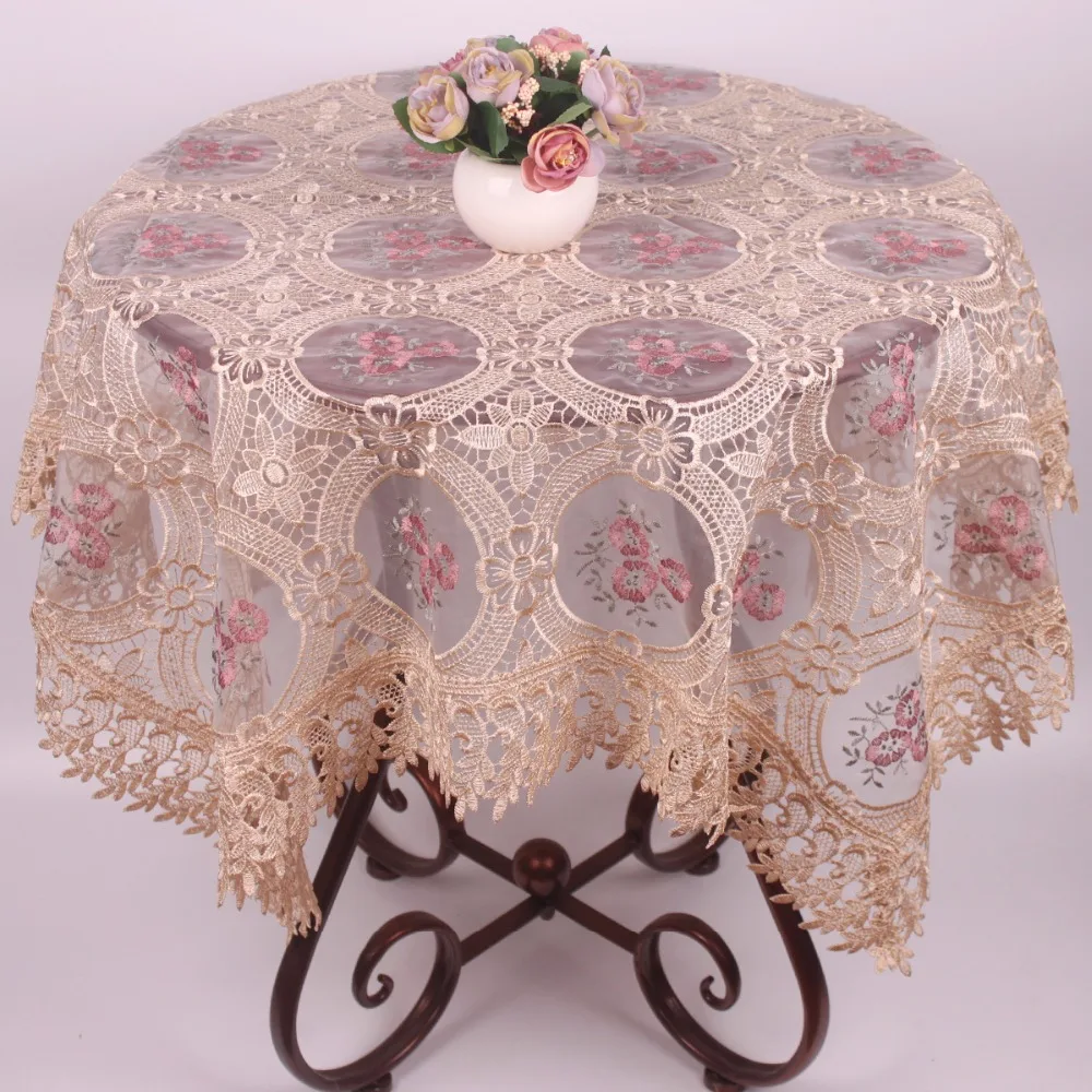 Beige / Wine Red Transparent Organza Fabric Table Covers Floral