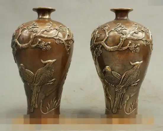 

S01783 8 Folk Chinese Bronze Culture Art Lucky Bird Magpie Plum Tree Flower Statue Pair B0403
