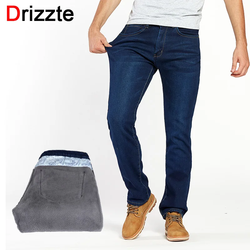 Beste Drizzte Winter Thermische Warm Flanel Gevoerd Stretch Jeans Heren Comfortabele Fleece Broek Broek