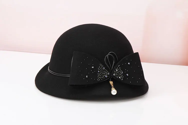 Женская шерстяная фетровая шляпа для девушек, декоративный галстук-бабочка, Шляпа Fedora, женский шерстяной берет, шапки для женщин, зимняя элегантная шапка B8967