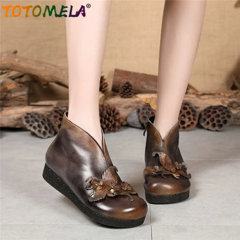 

TOTOMELA 2019 new autumn winter boot genuine leather ankle boots platform shoes printing flower round toe women shose