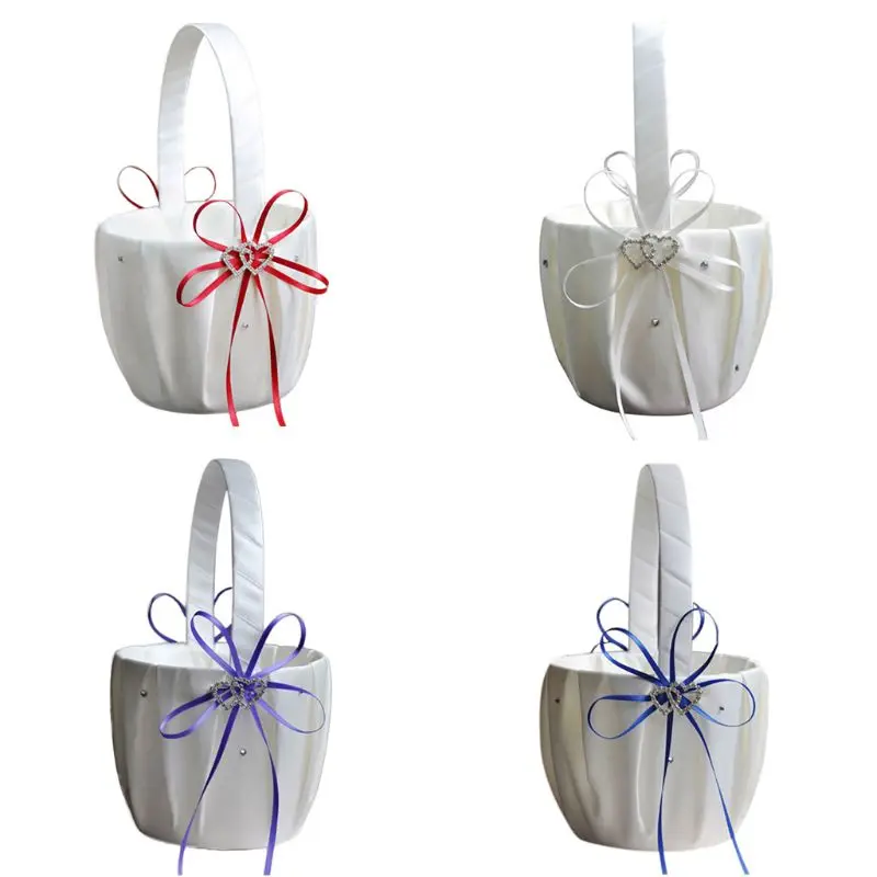 

1PC Luxury Vintage Flower Girl Round Basket Wedding Double Heart Rhinestone Satin Ribbon Bowknot Decor Party Favor Accessories