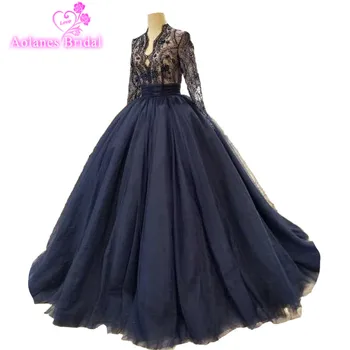 

2018 Champagne Blue Red White Tulle V-neck Prom Dress Court Train Ball Gown Mother Dress Floor-length Illusion Evening Dresses