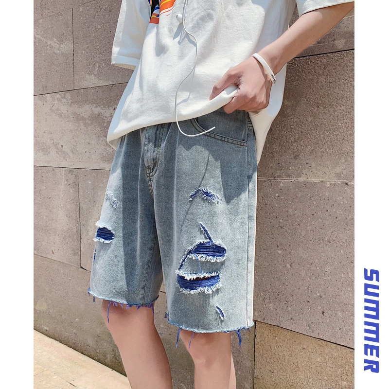 Летние мужские ковбойские шаровары шорты для бега для спортзала короткие пляжные повседневные мужские с дырками синего цвета модные потертые джинсовые шорты M-2XL