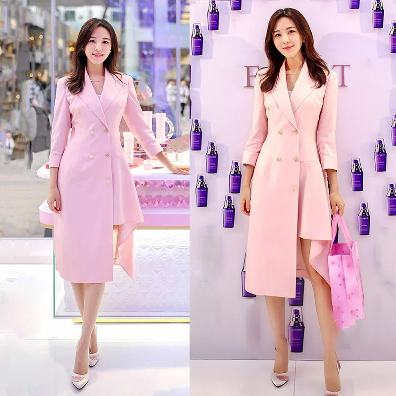 

2019 New Women Spring Autumn Double Breasted Solid Blazer Dresses Ladies Irregular 3/4 Sleeve Elegant Dress Pink Black Y238