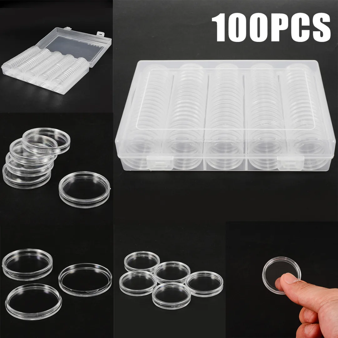1 Box Memorial Coin Case Collection Plastic Clear Storage Box 100Pcs 27mm 30mm Round Capsule Holder Clear Display Album