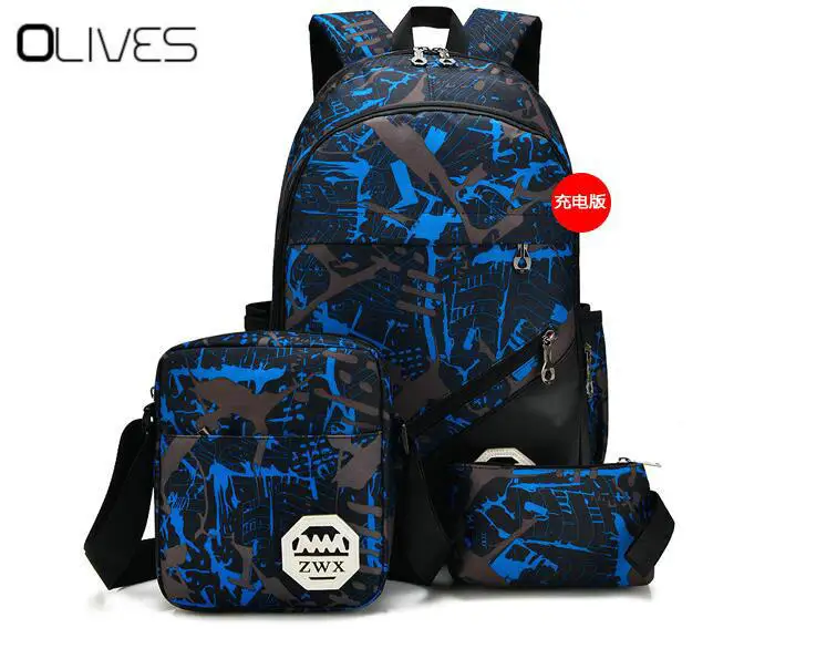 3pcs USB Male backpack bag set red and blue high school bag for boys