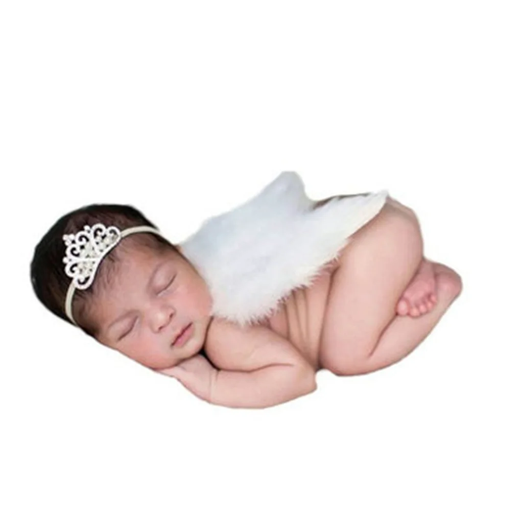 

Baby Newborn Angle Feather Wing And Pearl Crystal Crown Headband Photograph Prop Suit Infant Clothes Suit