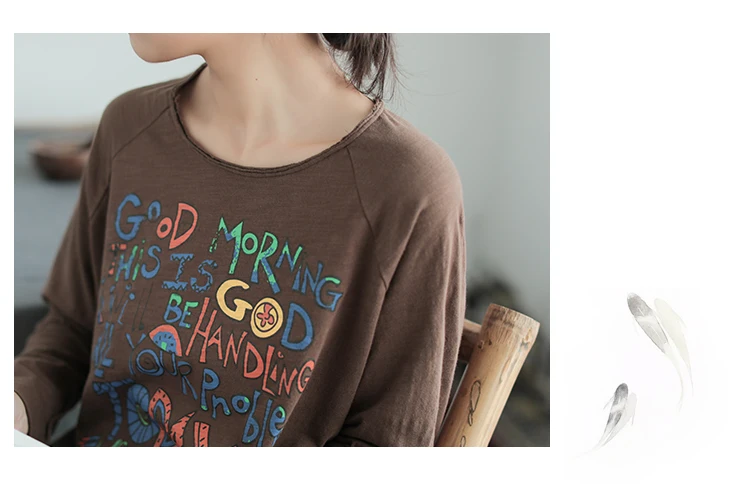 Осенняя футболка женская мода тонкий тип Топы Новый o-образный вырез с длинным рукавом принт буквы Повседневная Смешанная Женская милая