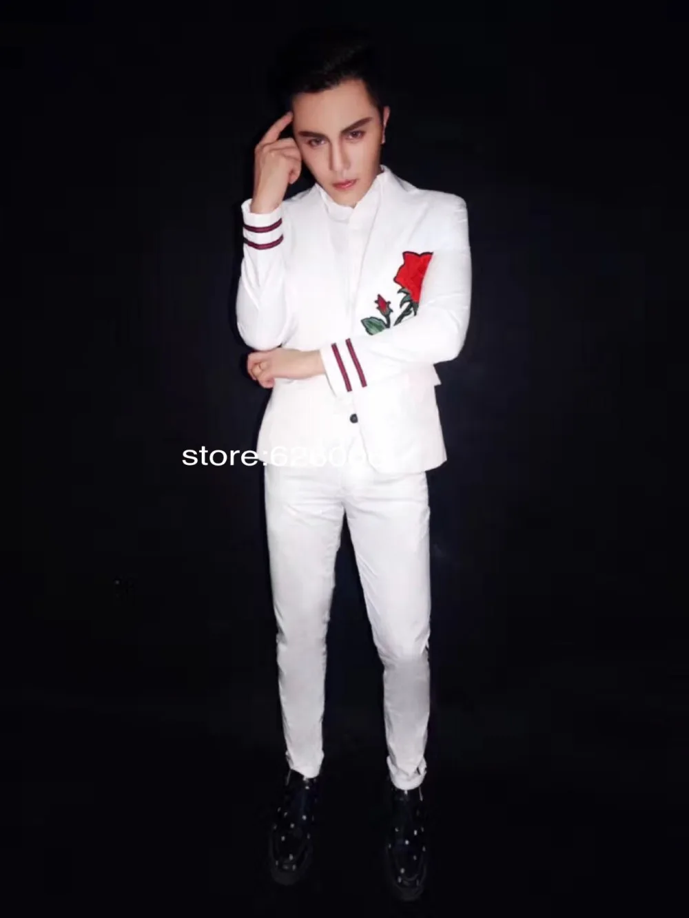 

Fashion New Embroidery Flower Print white suits Nightclub male singer dj ds costumes Men's stage performance clthing set