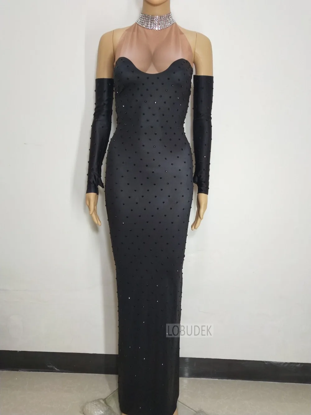 Negro completo diamantes de imitación del paquete de la cadera vestido fiesta de una pieza vestido de discoteca DJ cantante anfitrión rendimiento traje - 3