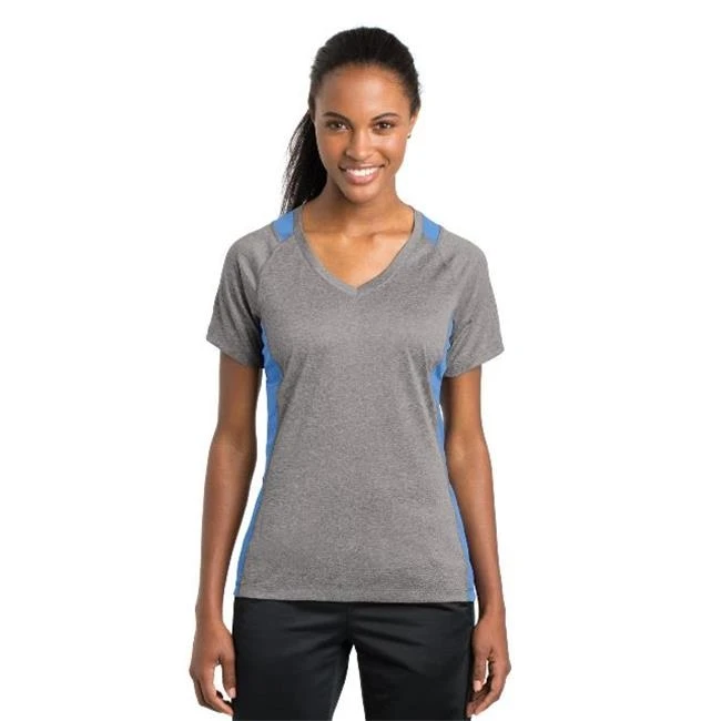 Sport-Tek LST361 Ladies Heather Colorblock Contender V Neck Tee Vintage Heather & Carolina Blue - Extra Small