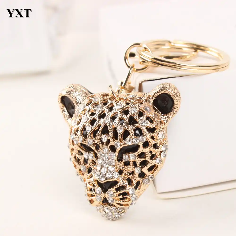 Leopard Lion Head Creative Charm Pendant Purse Bag Crystal Key Ring Chain Gift