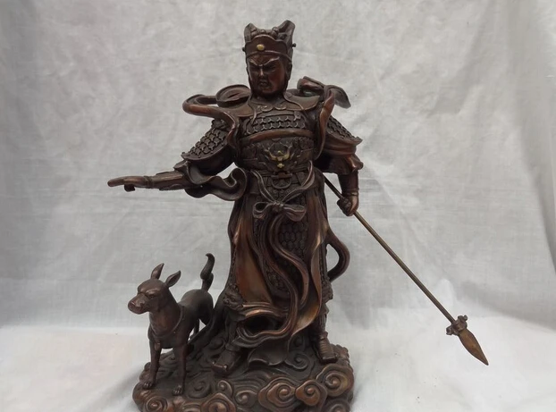 

JP S62 12" Chinese Pure Bronze Dragon Warrior Protect God Erlang Deified Dog Statue B0403