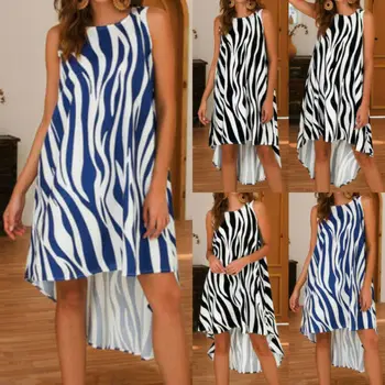 

Round Neck New Fashion Women Sleeveless Mini Dress Floral Stripe Maxi Print Dress Ladies Holiday Beach Dress