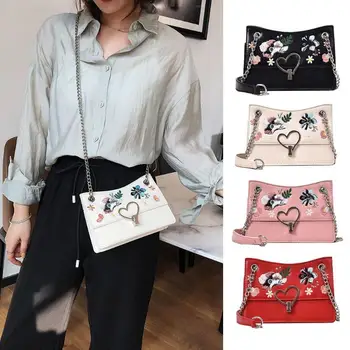

Flower Embroidery Shoulder Handbags Women Leather Chain Small Crossbody Bag