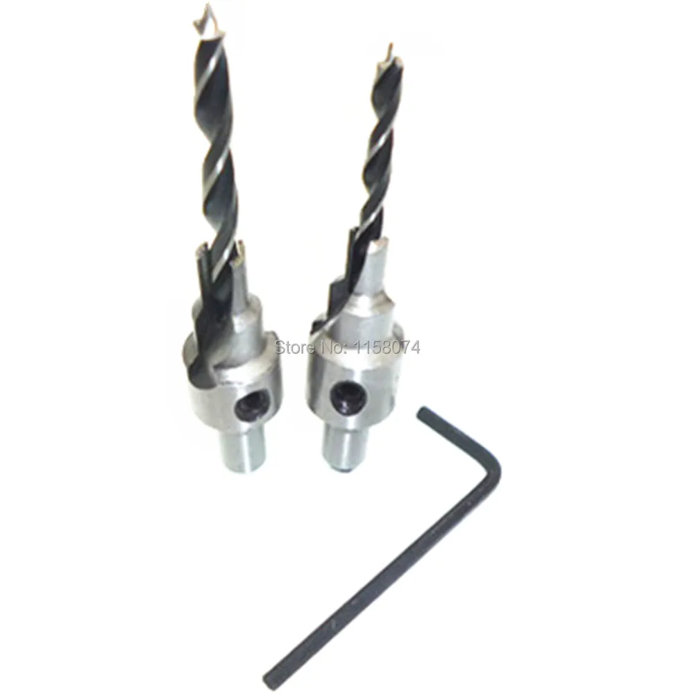 2pc 2 Flutes Tapered Drill Bits Countersink Hex Key Wood Pilot Hole