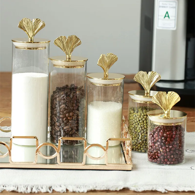 brass ginkgo leaf Glass Jar Candy jar transparent coffee bean candy cans block sealed jar Tea Storage bottle bonbonniere bocal