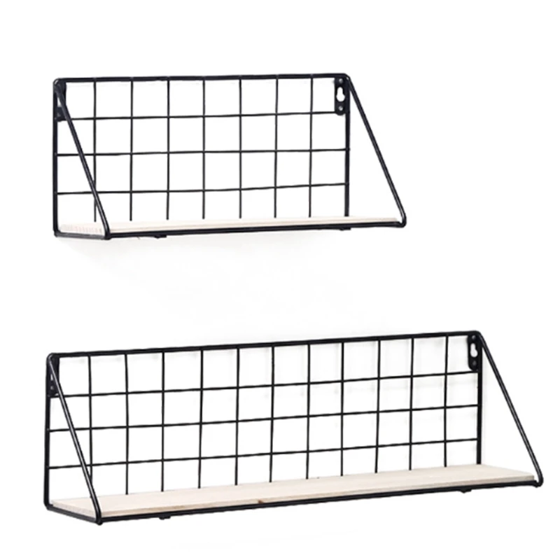 

2Pcs Wooden Iron Wall Shelf Wall Mounted Storage Rack Organization for Kitchen Bedroom Home Decor Kid Room Diy Wall Decoration