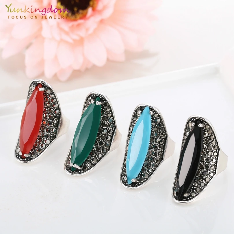 Yunkingdom Ethnic Jewelry Antique Silver Color Geometric Resin Rings for Women Girls Pretty Rings 4 Colors
