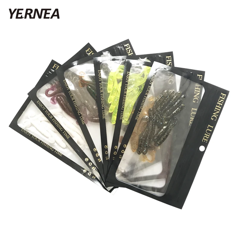 

Yernea 60Pcs/Lot 1.3g 6 Colors Worm Soft Fishing Lure Screw Tail Velvet False Bait T Tail Soft Bait Fishing Gear Smell Soft Bait