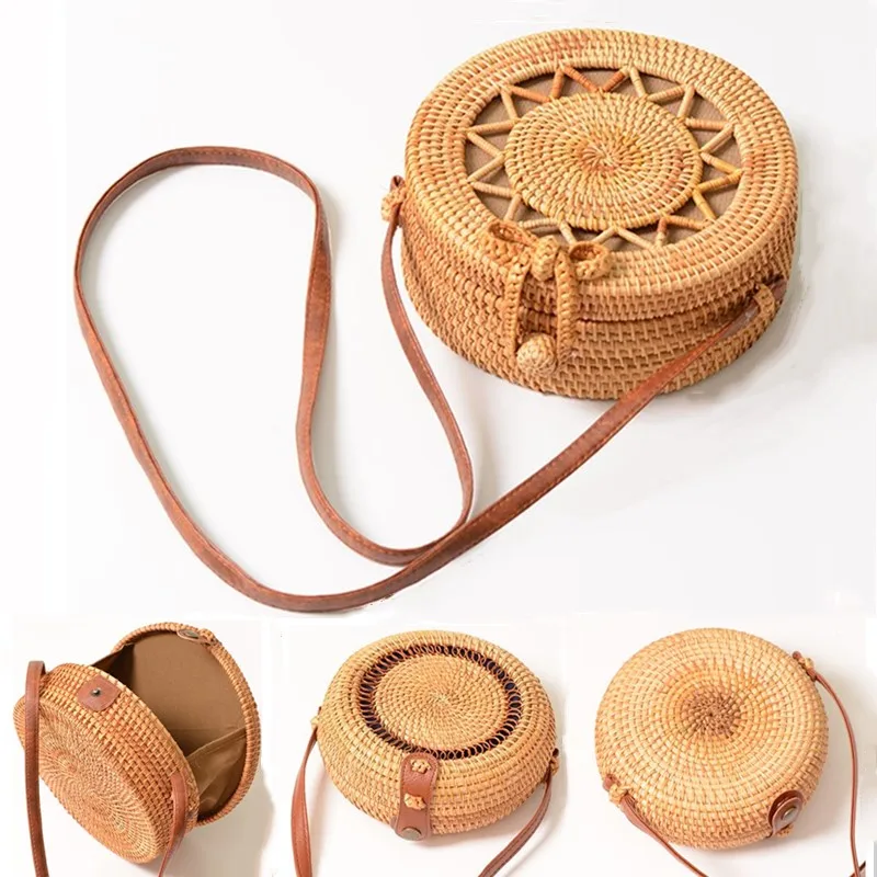 

2019 Round Straw Bags Women Summer Rattan Bag Handmade Woven Beach Cross Body Bag Circle Bohemia Handbag Bali