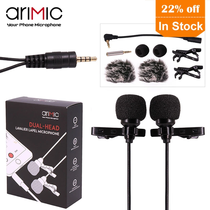 Ulanzi AriMic 6m Dual-Head Lavalier Lapel Clip-on Microphone for Lecture or Interview for Smartphone Mobile phone and Tablets bluetooth microphone