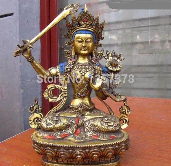 

shitou 00303 9" Tibet Temple Copper Bronze Gild Manjusri Kwan-Yin Guan Yin Bodhisattva Statue
