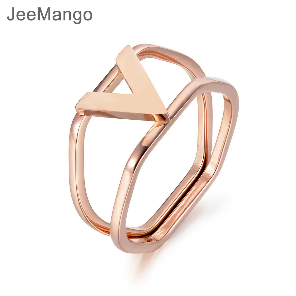 

JeeMango Rose Gold Double Circle V-shape Letter Engagement Rings Jewelry Stainless Steel Wedding Rings For Women Anneau R18018