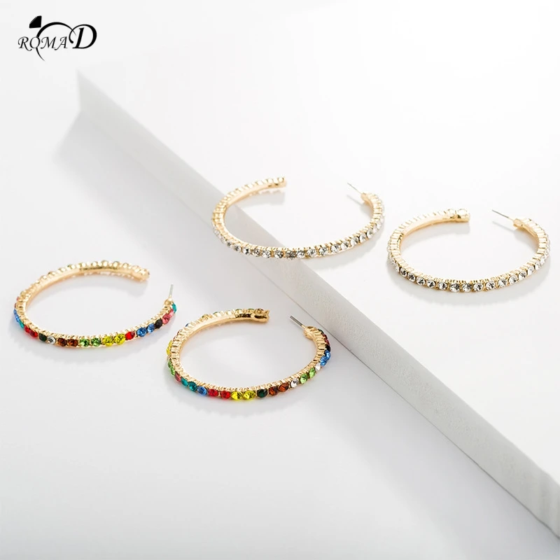 

Women Hoop Earrings With Rhinestone Circle Earrings Simple Earrings Big Circle Gold Color Loop Ear rings For Women A30