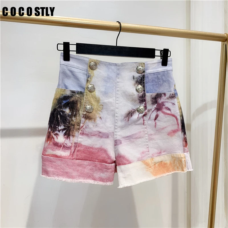 

Print Harajuku High Waist Denim Shorts Women Double Breasted Casual Jeans Shorts Straight Denim Short Pants