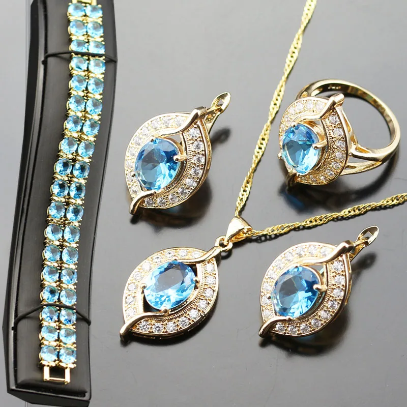 

Stylish Jewelry Set For Women Blue Rhinestone White Zircon Gold Color Rings/Earrings/Necklace/Pendant/Bracelets