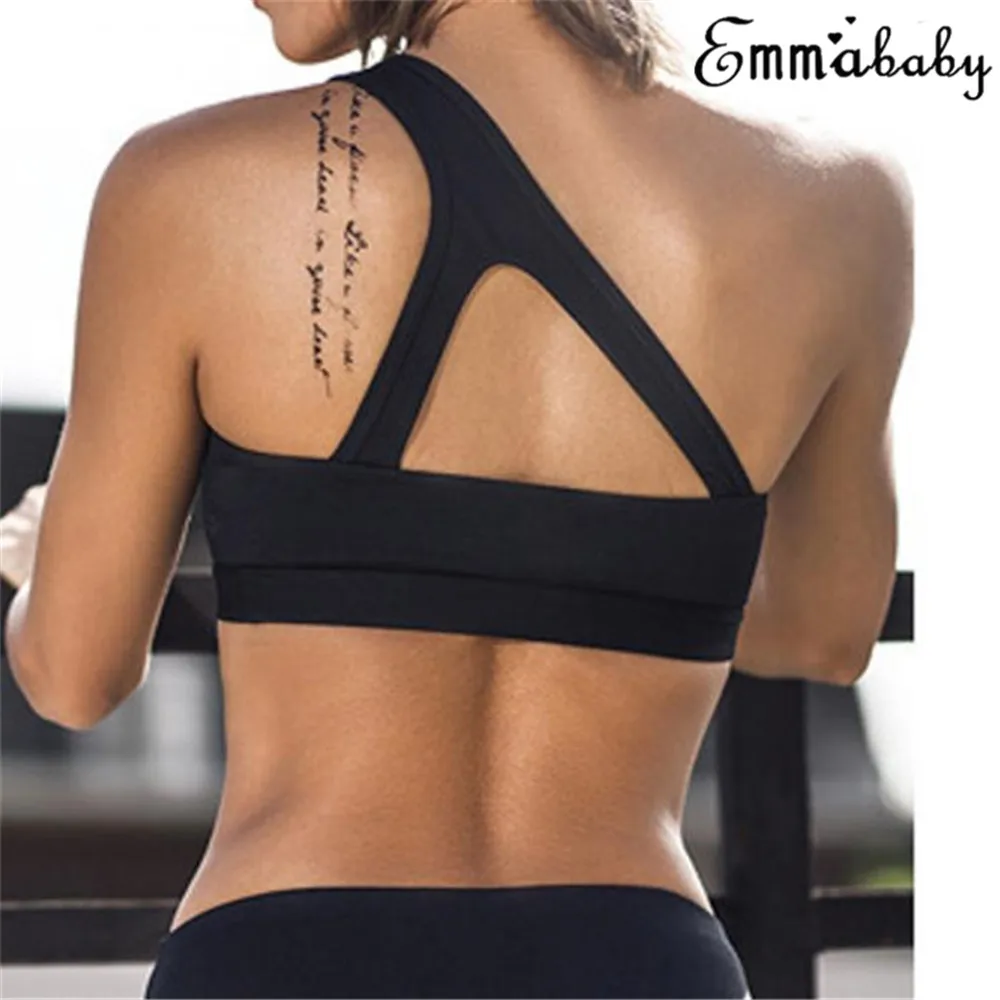 Hot Sale Women Black Sports Bra Female Fitness One Hollow Shoulder Tank Top Jogging Stretch Top Ladies Solid Skinny Top