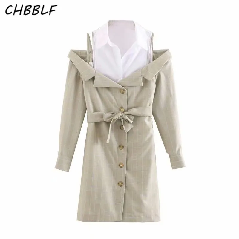 

CHBBLF women stylish patchwork dress hollow out sleeve bow tie sashes a-line female office wear dresses vestido O9207