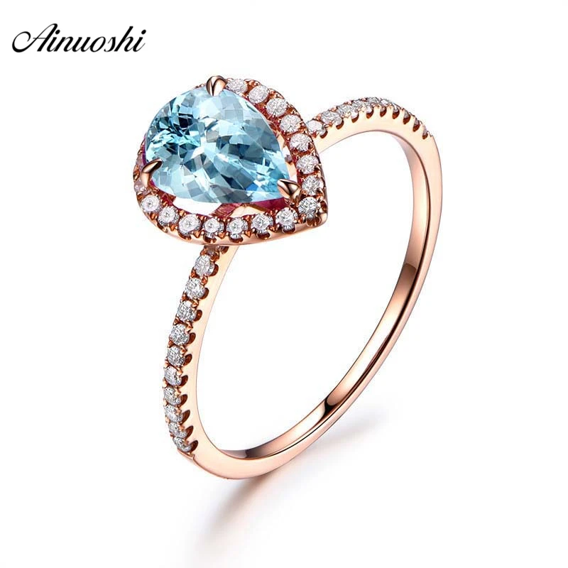 

AINUOSHI 1.5 Carat Pear Cut Rose Gold Color Ring Pure 925 Silver Natural Blue Topaz Heart-Shaped Halo Ring Trendy Female Jewelry