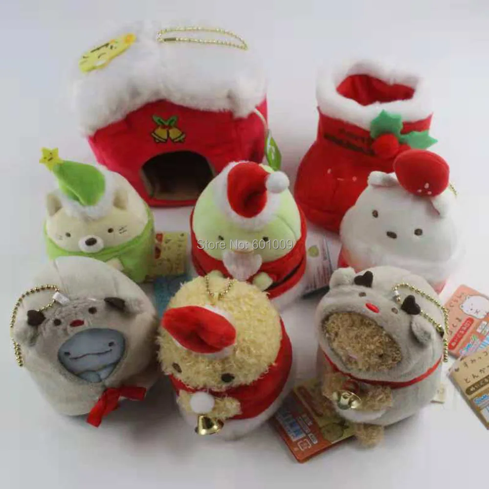 

Free Shipping EMS 10/Lot 8pcs/set New Christmas Version Sumikko Gurashi Cloak Red Cap 9CM Plush Doll Keychain Soft Gift Pendant