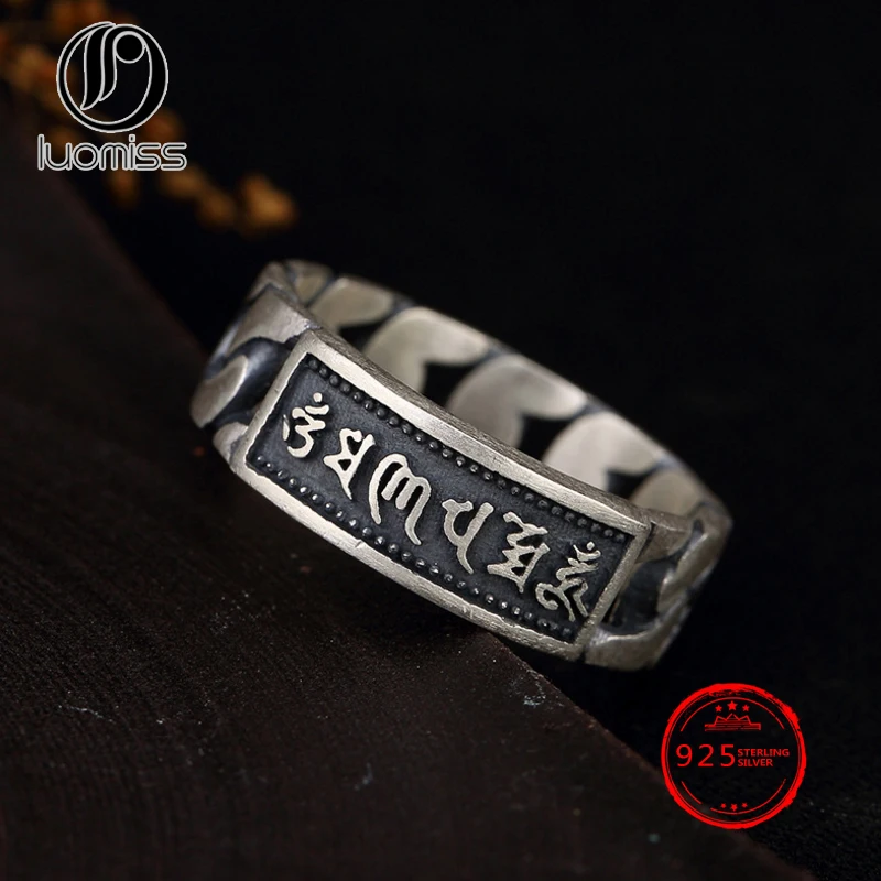 

100% S925 Sterling Silver Retro six-character Weave Ring Personalized Wild Men and Women Real Antique Silver Ring Jewelry