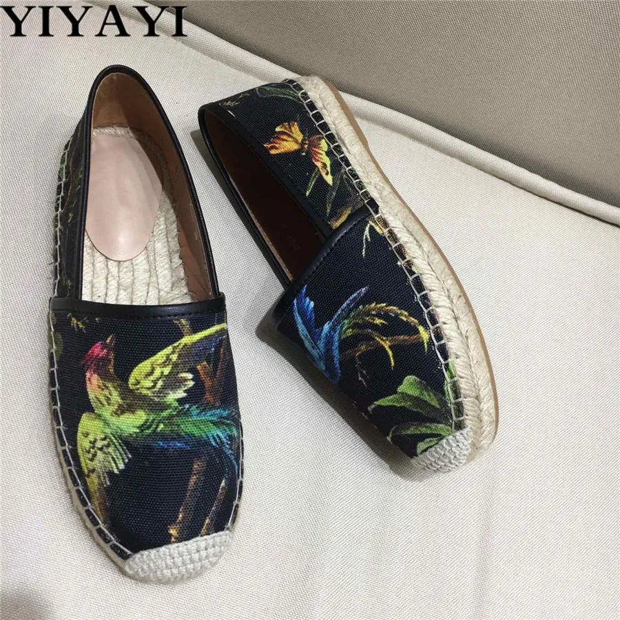 

Comfort Loafers Flat Shoes Woman Hemp Rope Weaves Thick Bottom Casual Shoes Print Birds Checks Fisherman Single Shoes Female