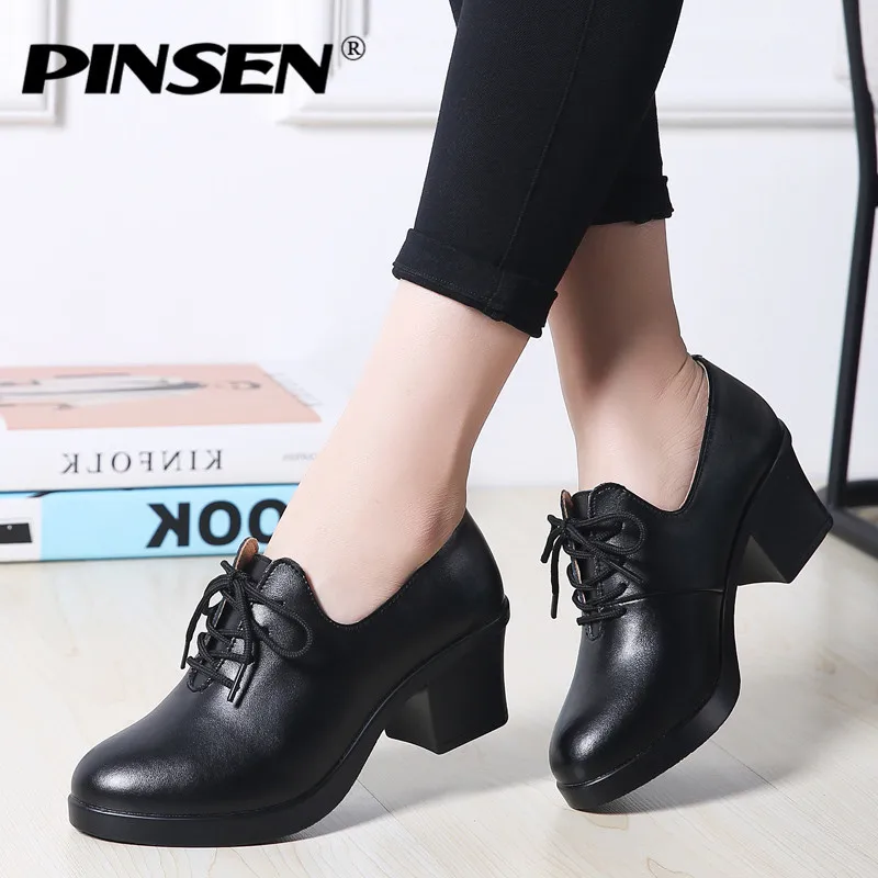 PINSEN/женские туфли-лодочки на высоком каблуке; повседневные однотонные туфли из натуральной кожи на шнуровке; zapatos mujer; модная женская обувь черного цвета; chaussures femme