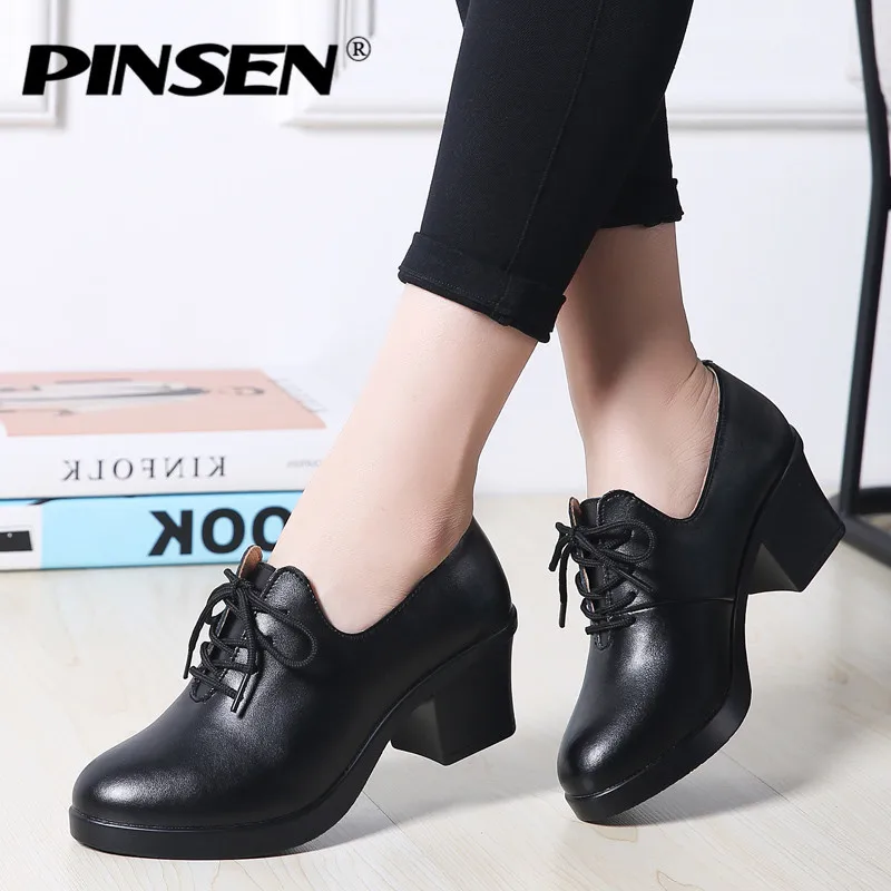 

PINSEN Women Pumps High Heels Genuine Leather Casual Solid Lace-up Zapatos Mujer Black Fashion Ladies Shoes Chaussures Femme