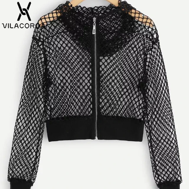 Autumn Black Fishing Net Zipper Hooded Female Jacket Long Sleeve Perspective Short Coat Female