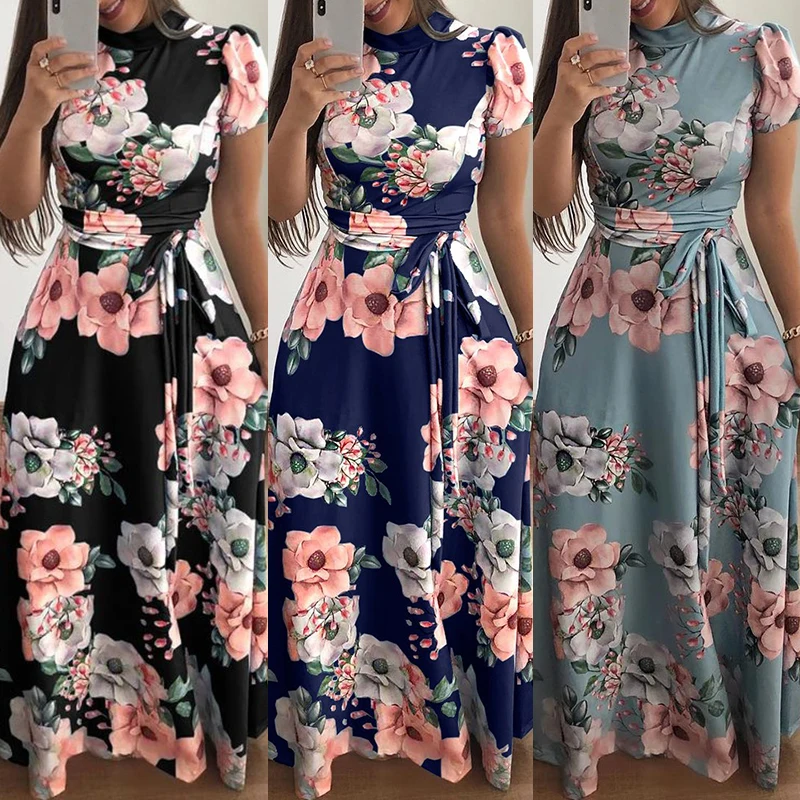 BBYES 3 Colours Autumn Fashion Women Floral Print Belt Stand Collar Short Sleeve Long  Dress Floral Casual Beach Print Dresses