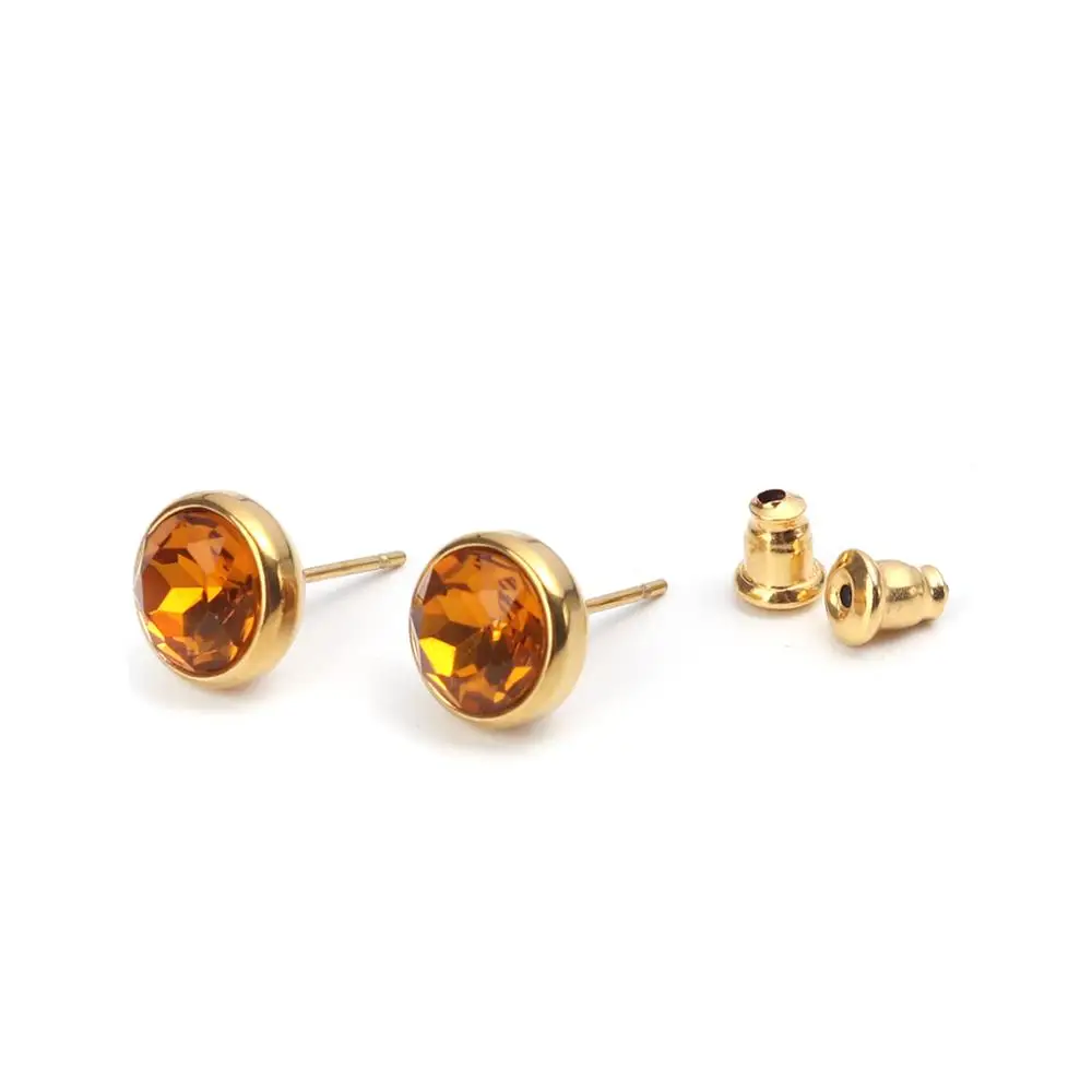 

8SEASONS Stainless Steel Birthstone Ear Post Stud Earrings Gold Color Round Multicolor Rhinestone Fashion Jewel 10mm Dia. 1 Pair