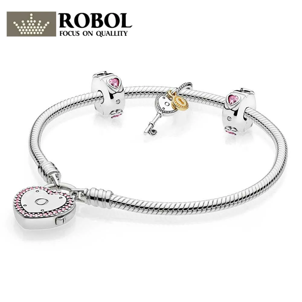 

ROBOL 925 Sterling Silver Pandol Key To My Heart Bracelet Gift Set fit DIY Original charm Pandol jewelry A set of prices
