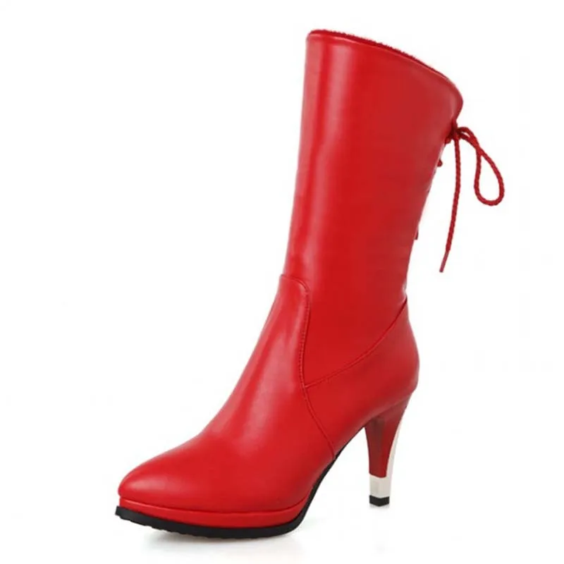 

Big Size34-43 Mid-Calf Thin Heels High Boots Shoes Women Soft Leather Women Platform Boots Black Green  Wedding Boots