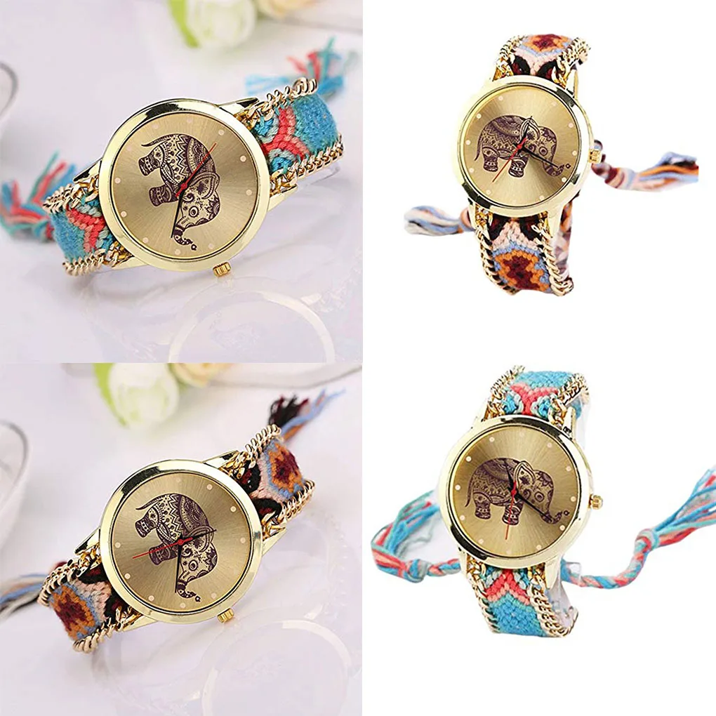 Девушка Регулируемый ручной тканые разноцветный браслет Для женщин Рисунком Слона наручные часы кварцевые наручные часы