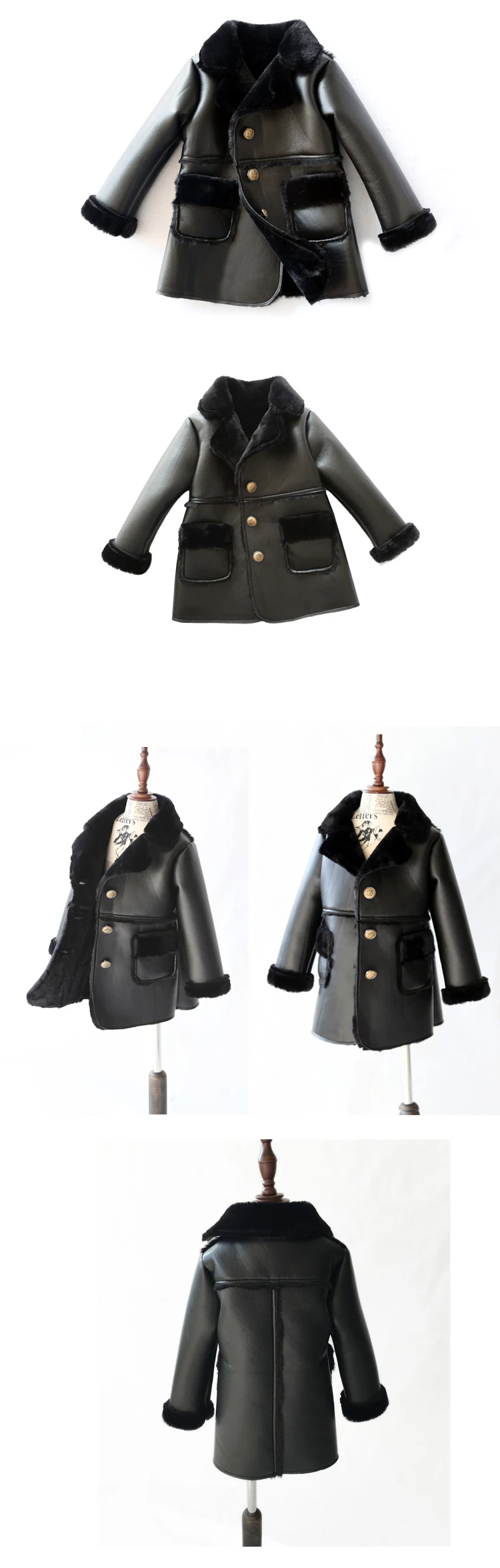 Зимнее детское замшевое пальто из искусственной кожи черная куртка из искусственной кожи Теплые Длинные куртки из овечьей шерсти с меховым воротником пальто из овчины 90-150 см