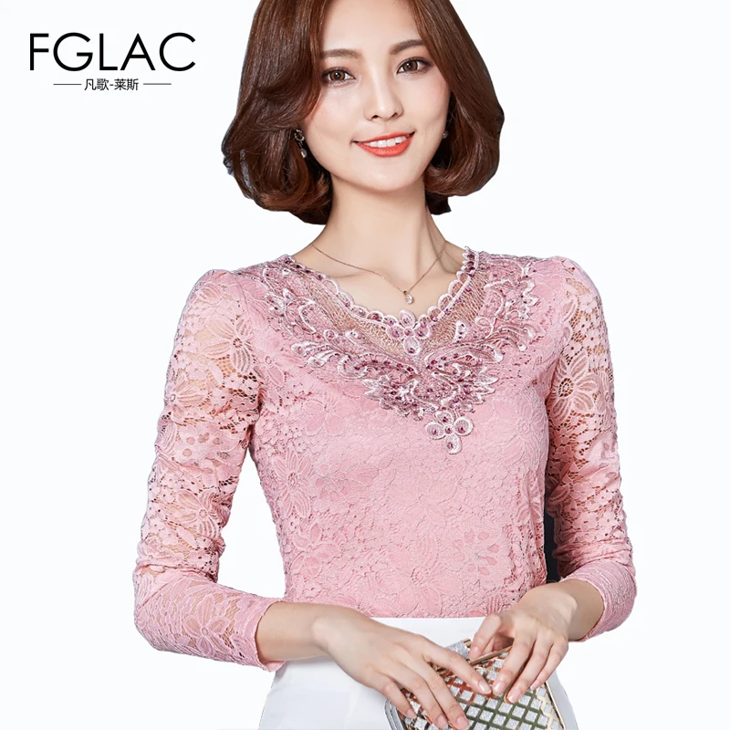

FGLAC 2018 spring Women blouse Solid color long-sleeved Diamonds lace tops Elegant Hollow women shirts plus size women tops