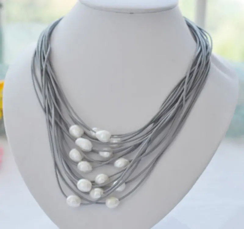 

HOT 003004 new 15row 11-13mm white rice pearl gray leather necklace